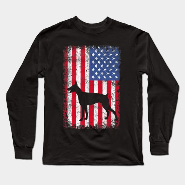 Doberman Pinscher American Flag Long Sleeve T-Shirt by Wakzs3Arts